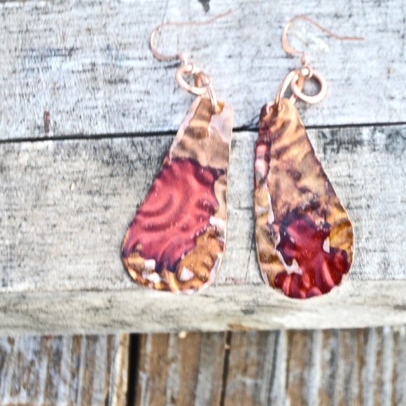 Embossed Solid Copper Red Statement Earrings Drop - Picture 3 of 5